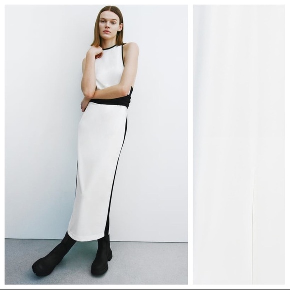 Zara Dresses & Skirts - NWT. Zara White/Black Midi Dress with Side Stripes. Size M.